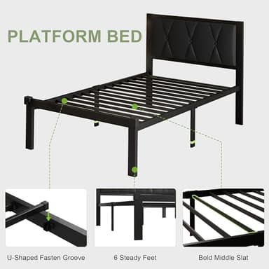 Feonase Twin Size Metal Bed Frame with Faux Leather Button Tufted Headboard, Platform Bed Frame with Heavy Duty Metal Slats, 12" Storage Space, Noise Free, No Box Spring Needed, Black - Image 6