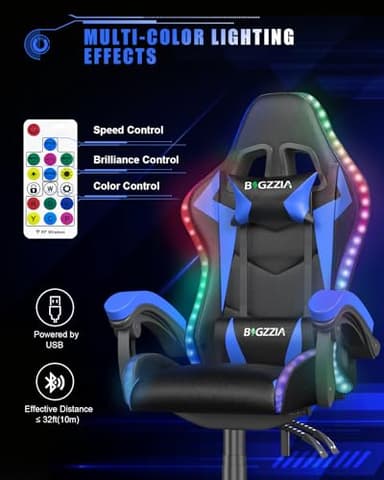 Bigzzia Gaming Chair with RGB LED Lights, High Back Ergonomic Computer Gamer Chair with Headrest and Lumbar Support, Racing Style Reclining Game Chair for Adults, Kids(Black/Blue) - Image 3