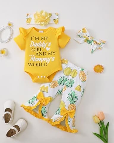 SUNNY PIGGY Newborn Baby Girl Clothes Infant Outfits Romper Floral Fall Outfit Bell Bottoms Pant Sets Hat Headband Flowerpant Yellow 12-18M - Image 2