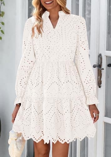PRETTYGARDEN Women's Spring 2025 Long Puff Sleeve Mini Dress Hollow Out Lace V Neck A Line Ruffle Casual Party Dresses (White,Small) - Image 6