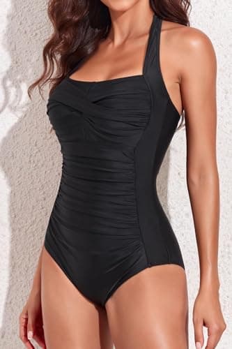 Smismivo Tummy Control Swimwear Halter One Piece Slimming Vintage Retro Swimsuit Womens Ruched Push Up Bathing Suit Black - Image 4