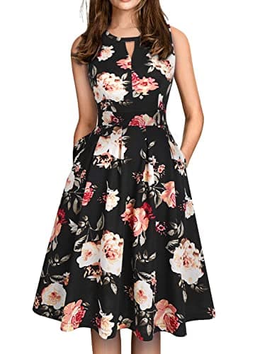 Sureple Summer Casual Dress for Wedding Guest Women Swing Dresses with Pockets Vintage Fit and Flare Dresses for Women Slesveless Sundress(SP81-Black Floral 01-L) - Image 1