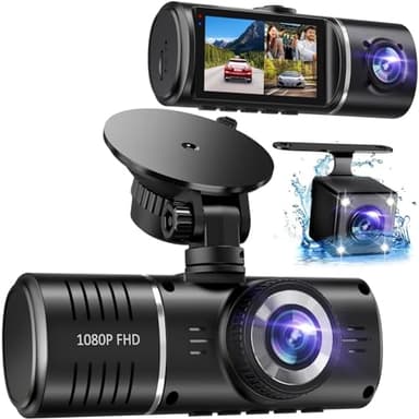 Dash Cam Front and Rear, 1080P Dash Camera for Cars, 3 Channel Car Camera Front Rear and Inside with 32GB Card, Loop Recording, Night Vision, HDR, 24Hr Parking, G-Sensor - Image 1