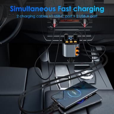 Retractable Car Charger,5 in 1 Fast Cars Phone Charger 90W,Bluetooth 5.3 FM Transmitter Adapter,Handsfree Call,2 Retractable Cables and USB Chargers for iPhone17/16 15/14/13 - Image 2