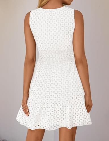 ZESICA Women's Summer Sleeveless Mini Dress V Neck Hollow Out Eyelet High Waist A Line Swing Short Party Dresses,White,Medium - Image 4