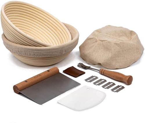 Kook Proofing Set, Sourdough Bread, 2 Rattan 9 Inch Banneton Baskets, 2 Basket Covers, Metal Scraper, Plastic Scraper, Scoring Lame, 5 Blades and Case, Baking Kit, Dough Bowls, Round Shape - Image 1