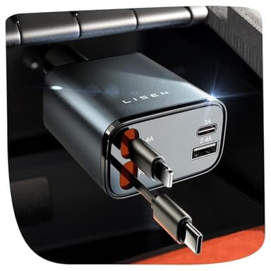 LISEN Retractable Car Charger for iPhone 17, 69W USB C Car Accessories Adapter USB C Charger Fast Charging, Gifts for Women Men, Travel Essentials, for iPhone 17 Pro Max Air 16 15 14 13 12 Samsung S25 - Image 1