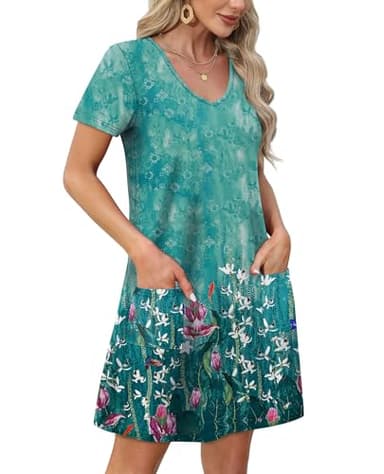 OFEEFAN Beach Vacation Clothes for Women Summer Dresses for Women 2025 Loose V Neck Swimsuit Coverup T Shirt Dress Sundresses with Pockets Floral 08 L - Image 3