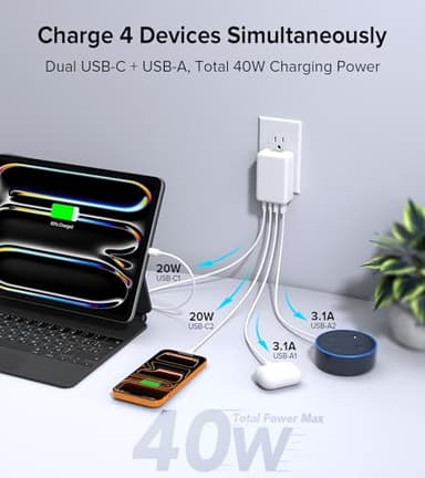 2Pack Flat USB C Wall Charger,40W 4Ports Foldable & Slim Fast Charging Block,Type C Cube Box Multiport Power Adapter Plug Brick Compatible with iPhone 17/16/15/14,Samsung,Pixel, AirPods4,Watch10 - Image 2