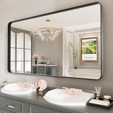 LOAAO Black Metal Framed Bathroom Mirror for Wall, Large 55X30 Inch Rounded Rectangle Mirror, Matte Black Bathroom Vanity Mirror Farmhouse, Anti-Rust, Tempered Glass, Hangs Horizontally or Vertically - Image 8