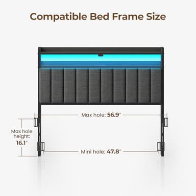 Rolanstar Headboard for Full Size Bed with Storage, 60,000 DIY Color of LED Light, Head Board with USB & Type C Port, Height Adjustable, Black Upholstered Cabeceras de Cama Comfortable Modern, Stable - Image 3