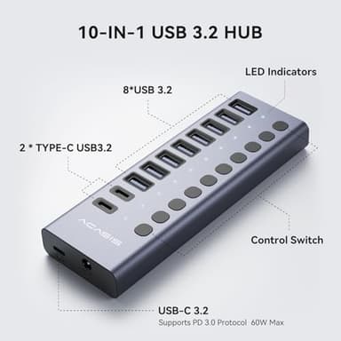 ACASIS 10 Ports 60W USB C 3.2 Hub, 10Gpbs Data Transfer, 20V/3A Power Adapter, Individual On/Off Switches, Aluminum Housing, USB Splitter for PC, Computer, Laptop, Mobile HDD, Flash Drive - Image 2