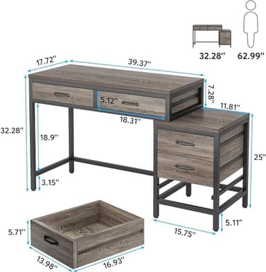 Tribesigns Computer Desk with 5 Drawers, Home Office Desks with Reversible Drawer Cabinet Printer Stand, Industrial PC Desk with Storage, Grey Study Writing Table Workstation for Small Spaces - Image 3