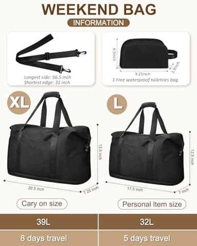 Expandable Travel Duffle Bag, Waterproof Weekender Overnight Bags for Women Men Hospital Bag for Women Labor Delivery Carry on Bag with Toiletry Bag for Travel Gym Airplanes(Black, Large) - Image 2