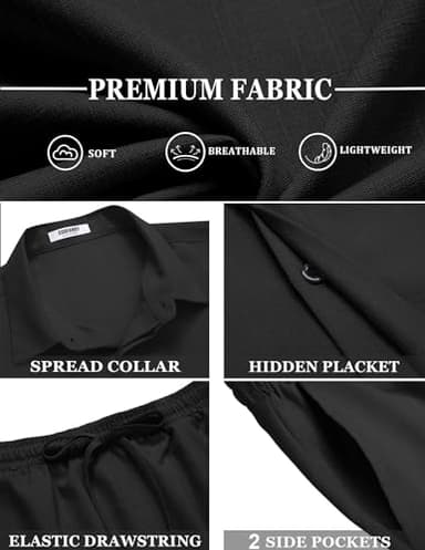 COOFANDY Mens Summer Set 2 Piece Linen Outfit for Men Short Sets, Black, Large - Image 5