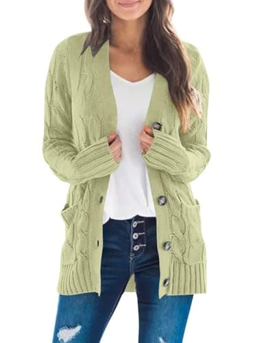 MEROKEETY Women's 2025 Fall Long Sleeve Cable Knit Cardigan Sweater Open Front Button Loose Outerwear Light Green - Image 1