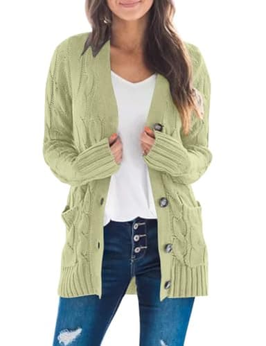 MEROKEETY Women's 2025 Fall Long Sleeve Cable Knit Cardigan Sweater Open Front Button Loose Outerwear Light Green - Image 1