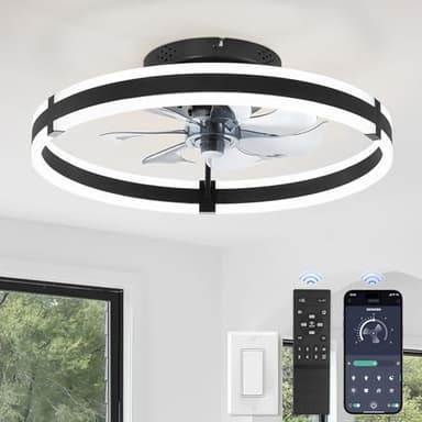ZMISHIBO Ceiling Fans with Lights and Remote, 19.7'' Low Profile Ceiling Fan, 3000-6000K Dimmable Modern Flush Mount LED Fan Light, 6 Wind Speeds, Black Fandelier Ceiling Fans for Bedroom - Image 1