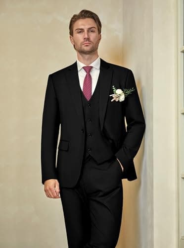 WULFUL Men’s Slim Fit Suit One Button 3-Piece Blazer Dress Business Wedding Party Jacket Vest & Pant Black - Image 2