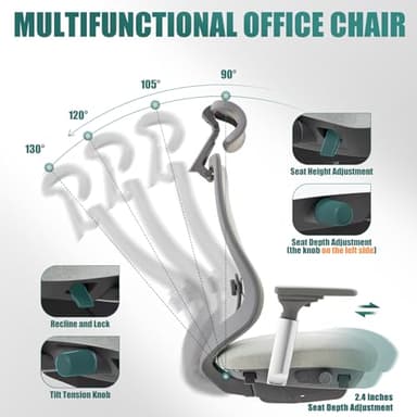 COLAMY Ergonomic Mesh Office Chair, High Back Computer Executive Desk Chair with Adjustable Headrest and 4D Arms, Slide Seat, Tilt Lock-Light Grey - Image 6