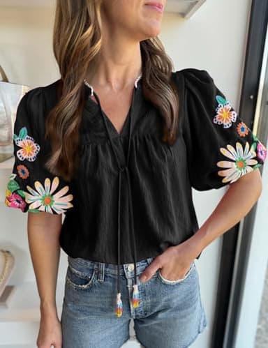 Women's Casual Floral Embroidered V Neck Boho Puff Short Sleeve Shirts Loose Tunic Summer Blouses Tops Fashion Clothes 2024 Black L - Image 2