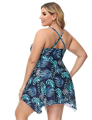 Women's Crisscross Back Floral High Waist Tankini Swimwear Two Piece Swimsuits 20W Blue Leaves - Image 5