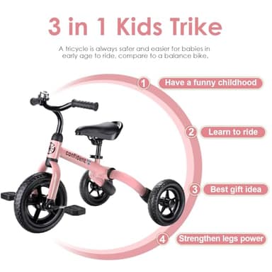 YGJT 3 in 1 Tricycle for Toddlers Age 2-5 Years Old, Folding Kids Balance Bike with Adjustable Seat and Removable Pedal, Toddler Bike Ride-on Toys for Infant, Gifts for Baby Girls Birthday(Pink) - Image 3