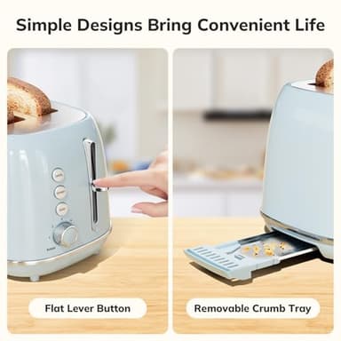 Retro 2 Slice Stainless Steel Toaster with 6 Bread Shade Settings, Bagel, Cancel, Defrost Function, Extra Wide Slot, Removable Crumb Tray, Blue - Image 5