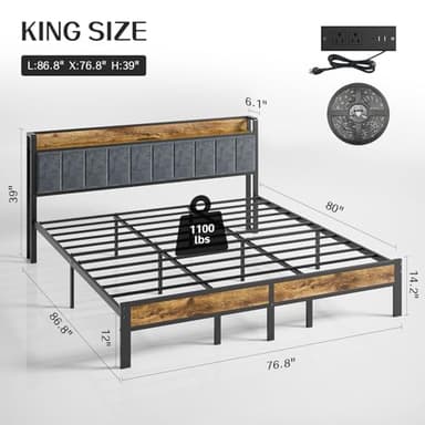 Liians King Size Bed Frame with Smart LED Lights, Storage Headboard with USB Charging Station, Metal Platform Bed Noise Free, Easy Assembly, No Box Spring Needed - Image 2