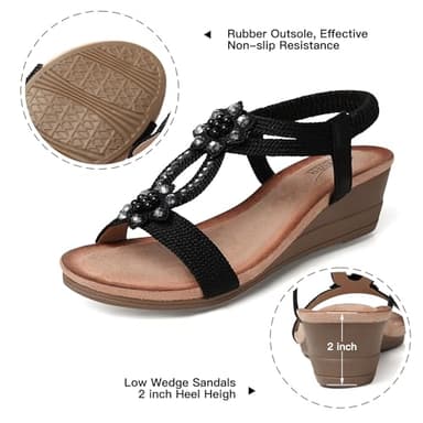SHIBEVER Womens Wedge Sandals Rhinestone Elastic Ankle Strap Platform Sandals Open Toe Boho Dress Shoes Dressy Summer Black 11 - Image 4