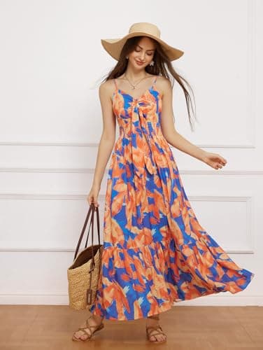 GRACE KARIN Women's Summer Casual Beach Maxi Dress Ruffle Spaghetti Strap Tie Front V Neck Boho Casual Swing Long Dress - Image 2