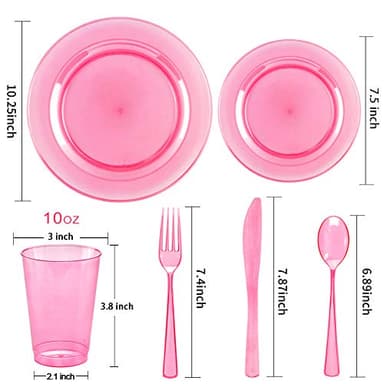 WDF 25 Guest Pink Plates with Pink Plastic Silverware&Pink Cups-Neon Clear Disposable Dinnerware include 50 Plates,25Forks, 25 Knives, 25 Spoons,25 Plastic Cups for Party and Baby Shower - Image 5