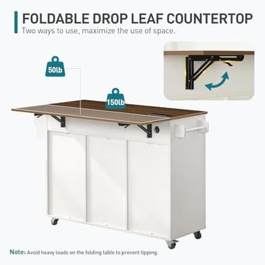 RALGEND Kitchen Island with Storage, 55" Kitchen Cart with Charging Station, Rolling Kitchen Island Table with Drop-Leaf, 3 Drawers, Barn Doors, Towel Rack and Spice Rack, White and Walnut - Image 6