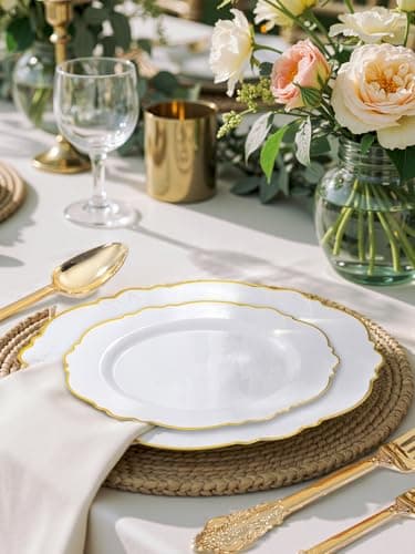 WDF 60pcs Gold Plastic Dinner Plates -10.25inch Baroque White and Gold Wedding Plates Fancy Heavy Duty Fall Plastic Plates for Upscale Thanksgiving Parties & Wedding & Birthday - Image 9