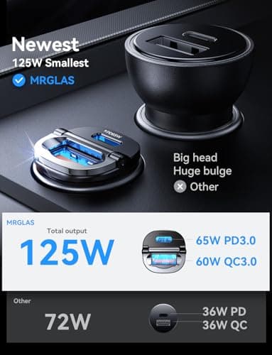 【Upgraded】 125W Car Charger USB C Super Fast Charging, [PD65W & QC60W][All Metal] MRGLAS Cigarette Lighter Car Charger, Car Accessories for iPhone 17 16 Pro Max Air iPad Samsung S25 Pixel 10 - Image 2