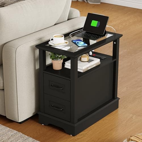 LINSY HOME Narrow End Table with Charging Station, Side Table with Glass Top, Open Shelf, and 2 Drawers, Small Sofa Table with Storage for Living Room, Black - Image 1