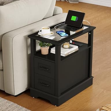LINSY HOME Narrow End Table with Charging Station, Side Table with Glass Top, Open Shelf, and 2 Drawers, Small Sofa Table with Storage for Living Room, Black - Image 1