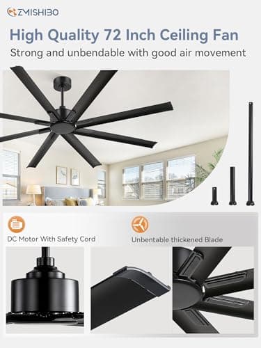 ZMISHIBO 72 Inch Ceiling Fan No Light, Large Black Ceiling Fan with Remote, Quiet DC Motor, and 6 Speeds, Indoor/Outdoor Industrial Ceiling Fans 8 Aluminum Blades for Patio, Garage, Shop, Black - Image 2