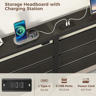 Rolanstar Bed Frame Queen Size with USB Charging Station, LED Bed Frame with Wood Storage Headboard, Black Metal Platform Bed with Under Bed Storage, No Box Spring Needed, Noise Free - Image 4