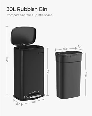 SONGMICS Trash Can with Lid, 8 Gallon Garbage Can, Stainless Steel Small Waste Bin with Step Pedal and Inner Bucket, Soft Close, Kitchen, Black ULTB102B01 - Image 6