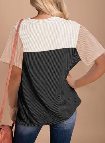 Dokotoo Women's Clothing Colorblock Crewneck Short Sleeve Shirt Spring Sweatshirts Business Casual Loose Ladies Clothes Shirts Summer Outfits for Women Trendy Black Large - Image 2