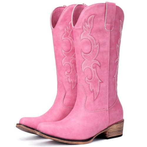 Choiran Pink Cowboy Boots for Women - Embroidered Cowgirl Boots Western Mid Calf Fashion Chunky Heel Pointed Toe Country Boot 9.5 - Image 1