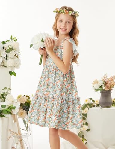 GRACE KARIN Girls Spring Dress Tie Back Flutter Sleeve Dress Green Floral 7Y - Image 6