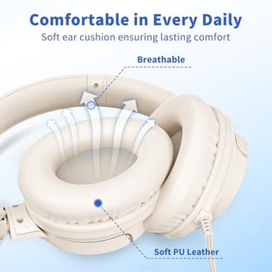 Botesty Sound Headphones Wired with Microphone, Over Ear Foldable 3.5mm Plug in Headphones Corded with 4.9ft Tangle-Free Nylon Cord for Tablet, Laptop, MP3/4, School, Airplane Travel (Beige) - Image 4