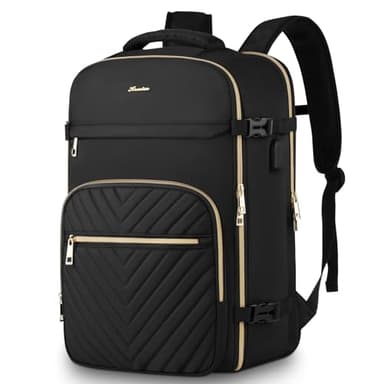 KROSIAS Travel Backpack for Women, Carry On Backpack for Airplanes Flight Approved, Waterproof Large Weekender Overnight Bag Fit 17 Inch Laptop with USB Charging Port, Black - Image 1