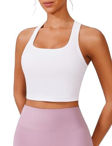 PINSPARK Racerback White Sports Bras for Women Wireless Padded Workout Tank Tops U Neck Longline Yoga Tops Built in Bra Light Support Medium,White - Image 2
