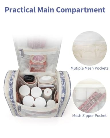 Narwey Small Hanging Toiletry Bag Women Travel Makeup Bag Organizer Toiletries Bag for Travel Size Essentials Accessories Cosmetics (Medium, Blue Leaf) - Image 3