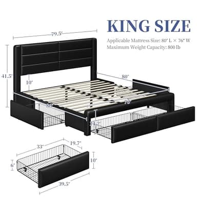 Yaheetech King Size Bed Frame with 2 USB Charging Station/Port for Type A&Type C/4 Storage Drawers, Leather Upholstered Platform Bed with Headboard/Solid Wood Slat Support/No Box Spring Needed/Black - Image 2