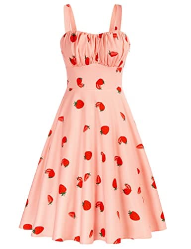 1950s Dresses for Women Vintage Retro Dress for Women Light Pink A-Line Flowy Swing Beach Dress Strawberry Dress Medium - Image 1