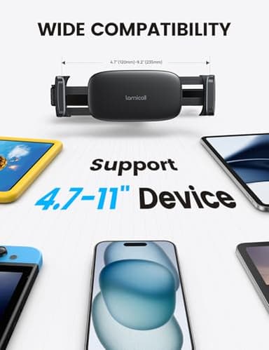 Lamicall Car Headrest Tablet Holder - [3 in 1 Extension Arm] Adjustable Tablet Car Mount for Back Seat, Road Trip Essentials for Kids, for 4.7-11" Device Like iPad Pro, Air, Mini, Galaxy, Fire, Black - Image 5